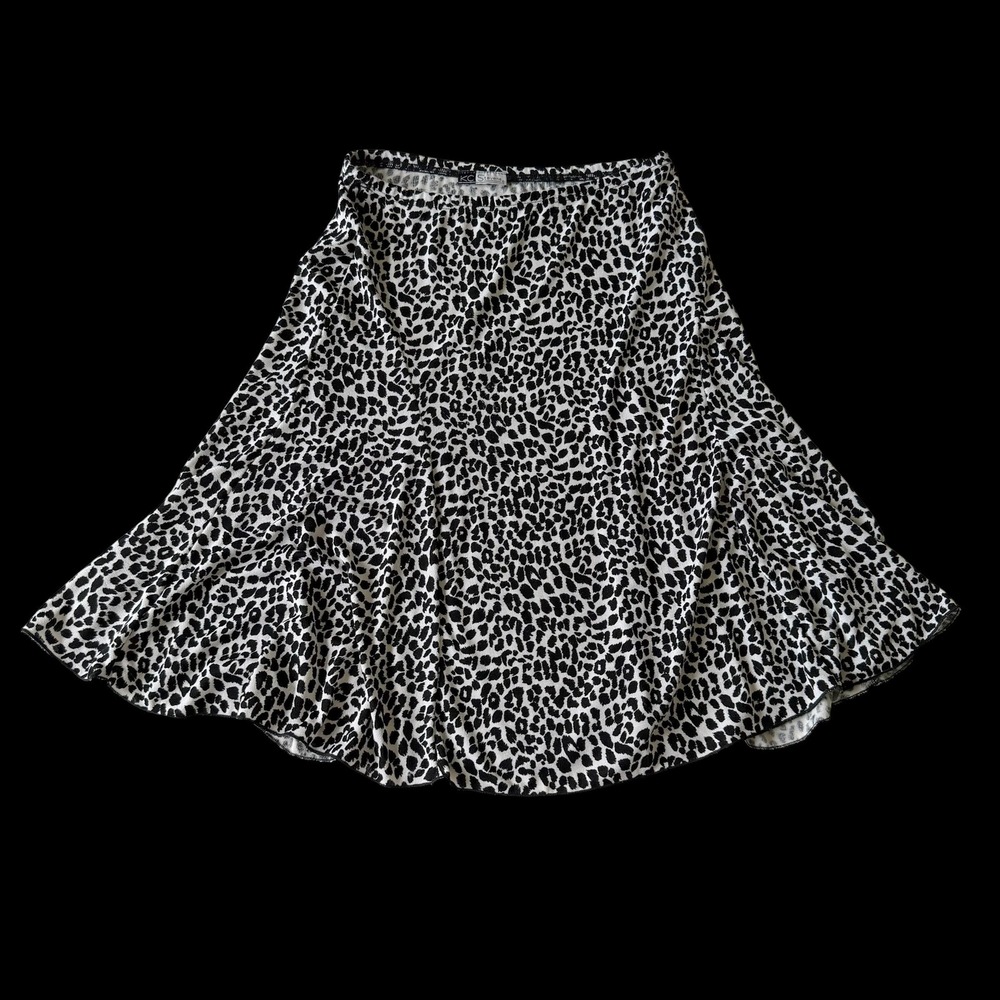 Y2K KC Stevens Animal Print A-Line Skirt Black White Elastic Waist Knee‎ Length